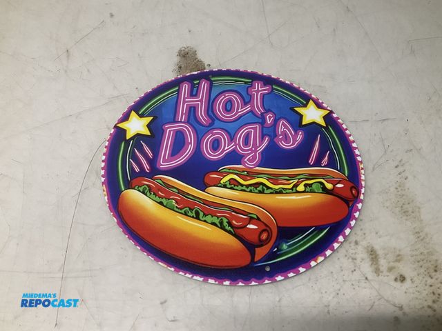 Lot 2-93709 - 8” hot dogs circular metal sign