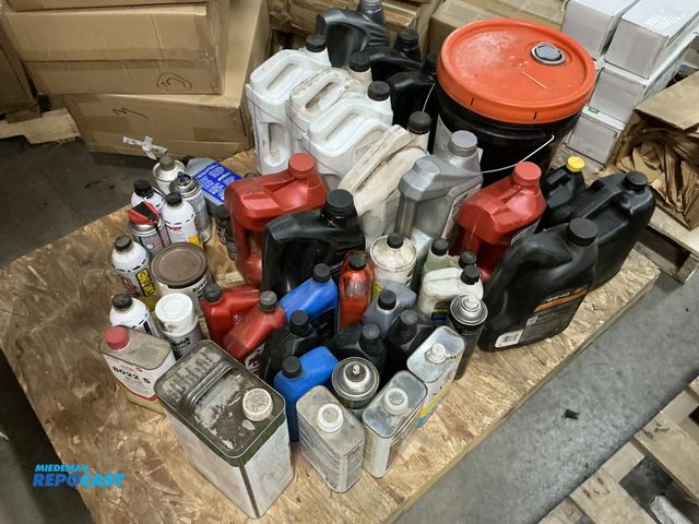 Lot 2-62387 - Lot of automotive chemicals, oil, fluids. Some containers are new, most are at least half full.