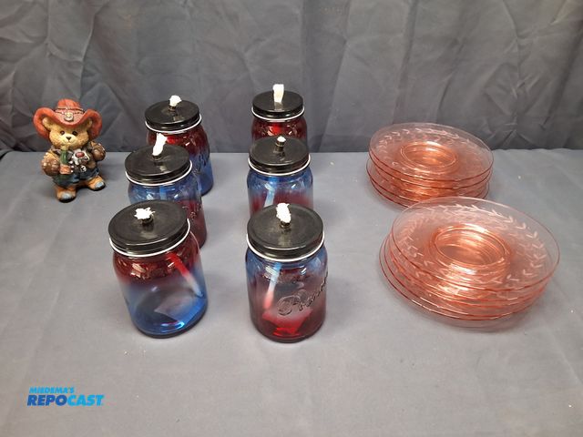 Lot 2-27547 - PATRIOTIC MASON JAR TABLETOP TORCHES AND PINK DEPRESSION GLASS PLATES