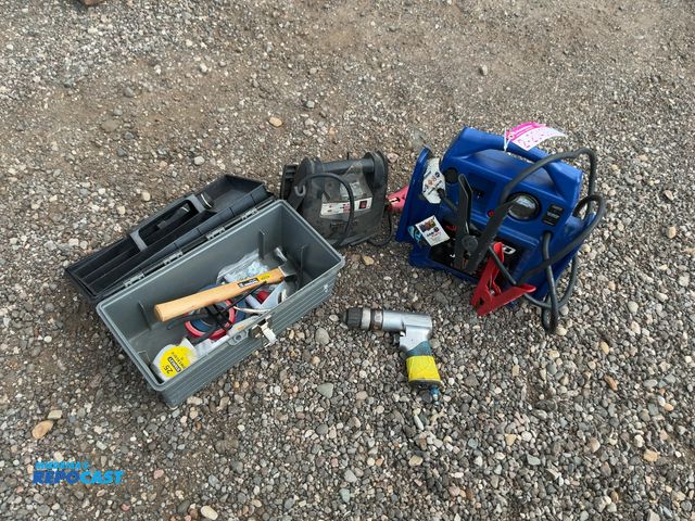 Lot 2-20439 - Lot of assorted tools including Blue Point Pneumatic Drill, Plastic Toolbox with some hand tools, an...
