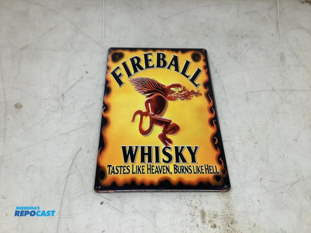 Lot 2-74507 - 7.75” x 11.75” Rectangular Metal “Fireball Whisky” Sign with Pre-Drilled Holes for Hanging