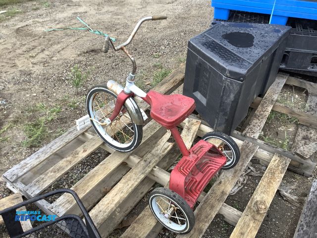 Lot 2-27366 - vintage child's petal tricycle, painted red and white, with adjustable seat