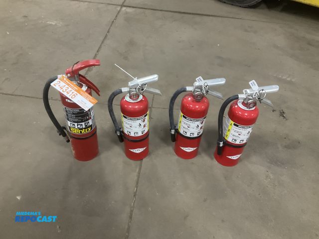 Lot 2-43416 - (4) 5 lb dry chemical fire extinguishers, three were last inspected in 2026 and one is unknown when ...