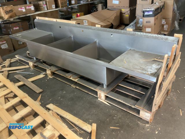 Lot 2-17545 - Large stainless steel 3 basin sink, 10’x2’, basins are 2’x2’x1’, 10” backsplash, no legs included