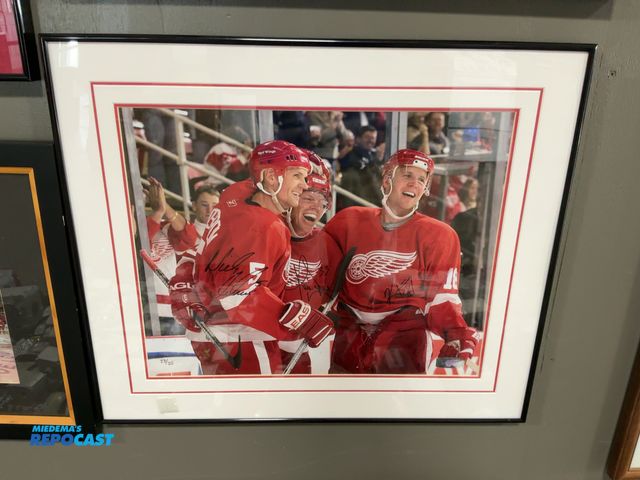 Lot 2-53309 - Framed Triple-Autographed Picture of Nicklas Lidstrom, Kris Draper, and Kirk Maltby, 26.25” x 22.25”...