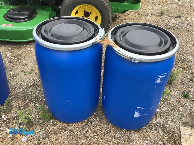 Lot 2-99964 - (2) 15gal. blue plastic barrel w/ removeable lid &amp; locking ring - clean inside, contained a food...