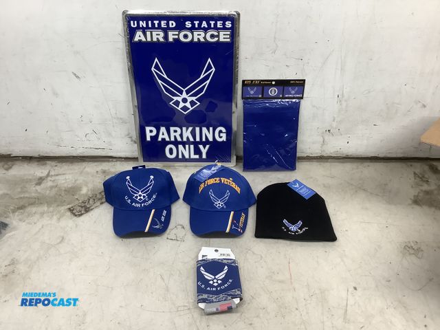 Lot 2-65386 - Lot of Air Force Merchandise includes: Metal Air Force Sign 12" x 18", Air Force Cloth Flag 3 x 5 on...