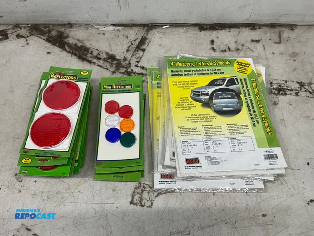 Lot 2-17040 - Lot of (10) new removable adhesive letters and numbers, (10) new packages of (5) 1.25” mini reflecto...