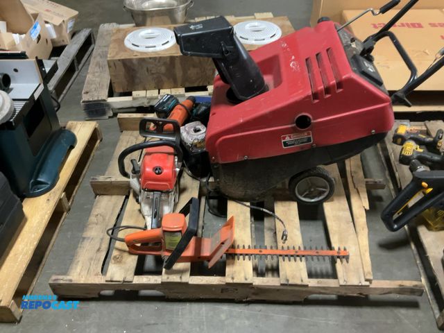 Lot 2-18432 - Skid lot of various tool/machines including drills, saws, snowblower