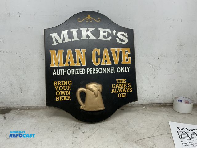 Lot 2-60869 - Mike’s man cave authorized personnel onlybring beer and games always on black wooden sign