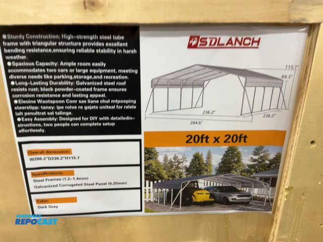 Lot 2-21764 - New SDLANCH 20’x20’ Steel Carport, 236.2” wide x 236.2” deep x 115.7” tall overall, 84.3” Sidewall H...