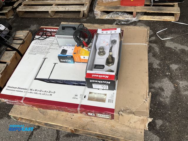 Lot 2-64177 - Skid lot of Husky 96”x42”x32” Ceiling storage rack, front entry door handle, garage hub, and more