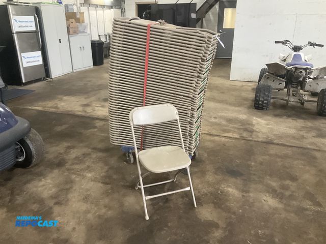 Lot 2-33227 - (50) folding chairs with plastic seats and backrests, metal frames, sells with cart, used
