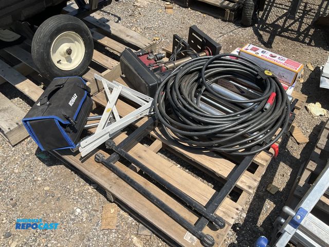 Lot 2-99341 - Skid lot of furniture lifting and moving set, snow n mud track, metal corners to heavy duty shelving...