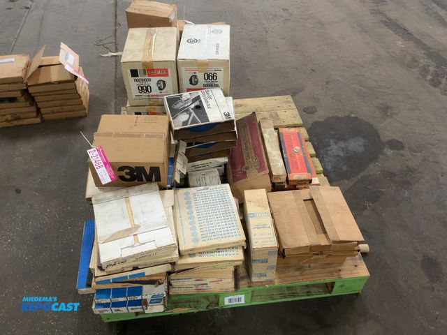 Lot 2-21468 - Skid of assorted items including sandpaper, 3M Blue Grit Utility Cloth Rolls, Welding Rod, (4) Fibre...