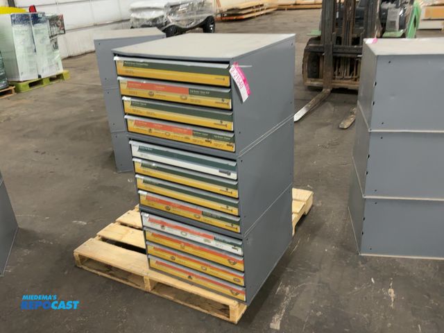 Lot 2-21540 - (3) 4-Drawer Stackable Metal Cabinets, were used for hardware, approx. 3" deep drawers, 23-1/2" wide...