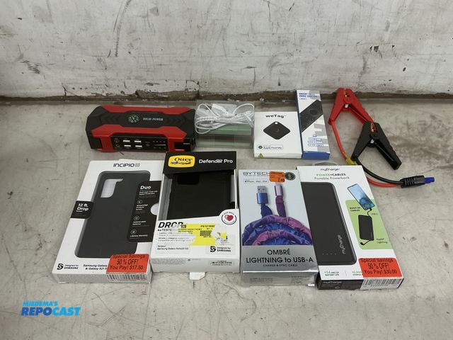 Lot 2-76932 - Lot of various electronics, charging cords, power banks, phone cases, etc.
