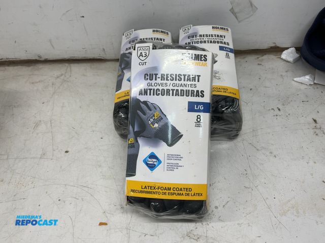Lot 2-96900 - (3) New Packs of 8-pairs of Holmes Workwear cut-resistant Gloves - size Large latex foam