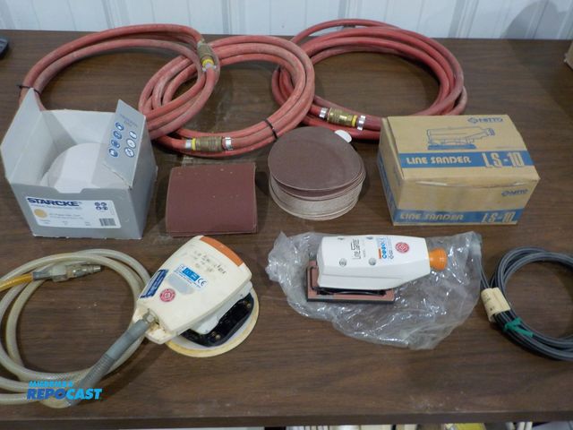 Lot 2-61941 - Lot of Sanding Supplies, (2) Palm Sander, (1) new; Sandpaper, (3) work station air supply hoses