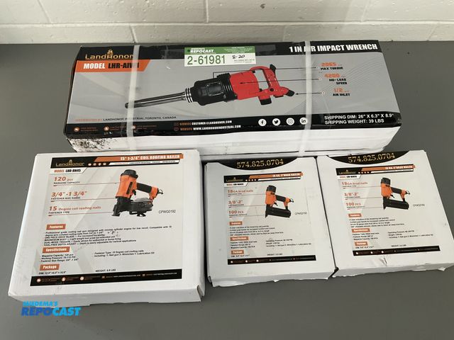Lot 2-61981 - New (1) 1In Air Impact Wrench, (1) 15 Degree 1-3/4" Coil Roofing Nailer, (1)18 Gauge 2" Brad Nailer,...