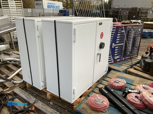Lot 2-70602 - (2) white storage/safes measuring 38.5” x 42 1/4” x 18 1/8”, code is unknown.