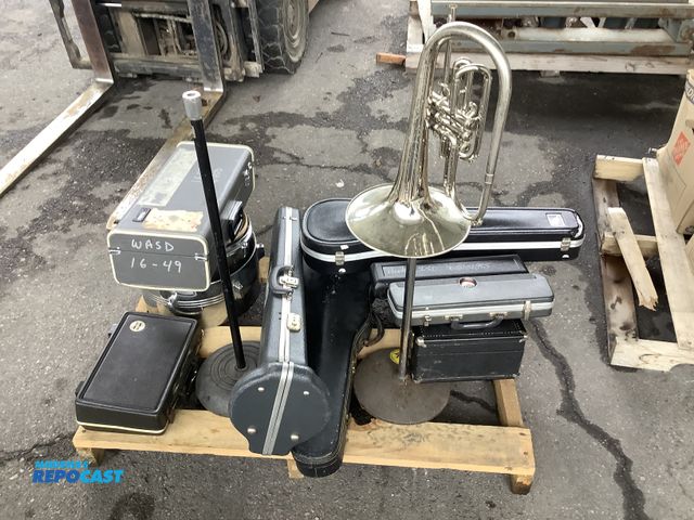 Lot 2-27967 - Skid lot of drums, tuba, violins, flutes, trumpets and more missing strings and mouth pieces