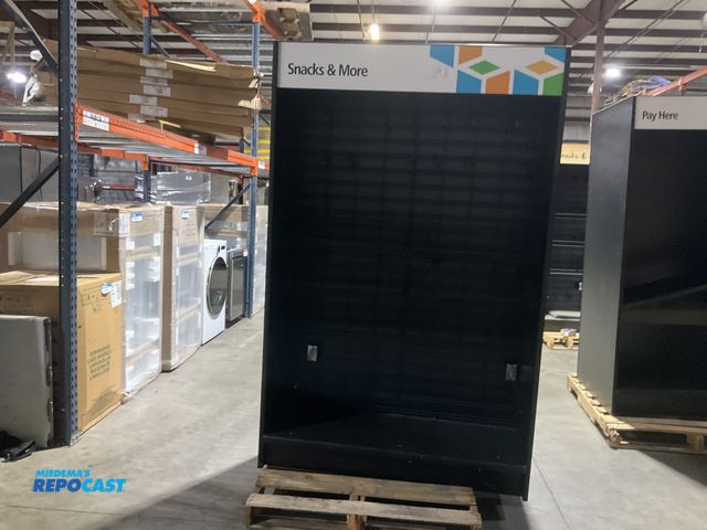 Lot 2-74406 - Mini snack market wooden storage unit with assorted plastic organization bins approx. 4.2’ x 2’ x 6....