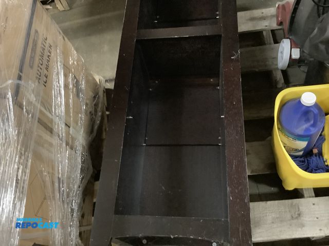 Lot 2-99181 - Dark wood shelving unit. Shelf needs to be reattached.