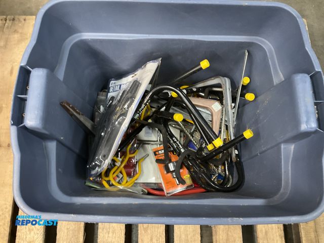 Lot 2-27532 - Bin or miscellaneous tools including wall hangers, drill bits, brushes and more