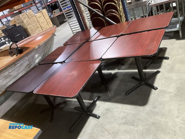 Lot 2-55144 - 8 Wood composite/laminate with single metal leg &amp; rubberized edging Restaurant Tables  (RSSC)