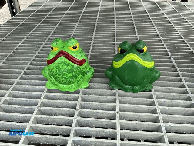 Lot 2-99923 - two sad frogs cement yard art