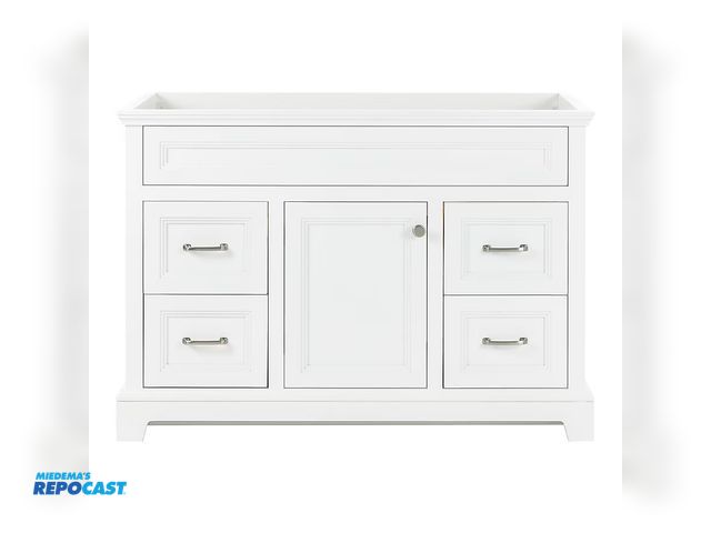 Lot 2-60857 - Style Selections White Wood Merrill 48-in. True white bathroom vanity base cabinet without a top
