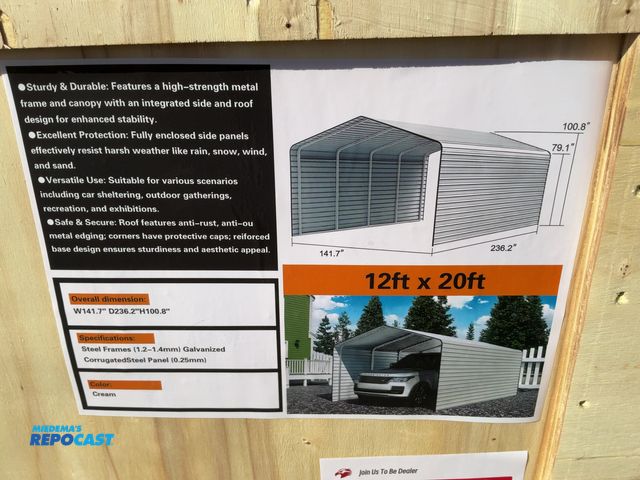 Lot 2-41980 - New SDLANCH 12’x20’ Carport with Enclosed Sidewalls, Cream Color, 141.7” wide x 236.2” deep x 100.8”...