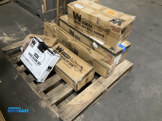 Lot 2-13916 - Skid of new Wen tools with the 2 drywall sanders, circular saw, belt sander, electric pole saw, and ...