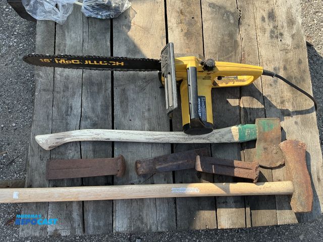 Lot 2-99065 - Lot of various tools including axes, axe blades, and a electramac EM 16E chain saw 110/120V