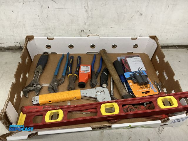 Lot 2-76613 - Miscellaneous tools like wrenches, levels, a hammer, etc.