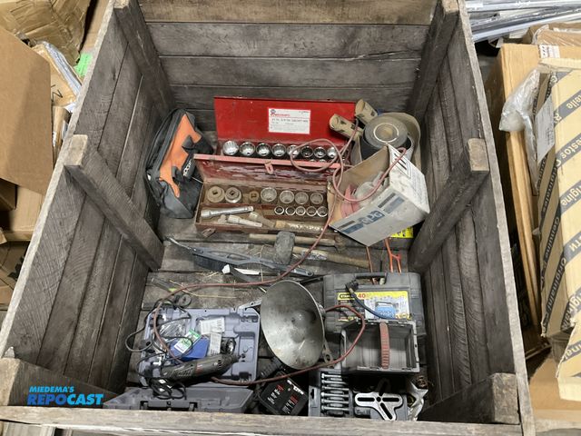 Lot 2-69133 - Crate of three socket sets, snow scraper, dremmel MODEL 4000, light, sandpaper strips, etc