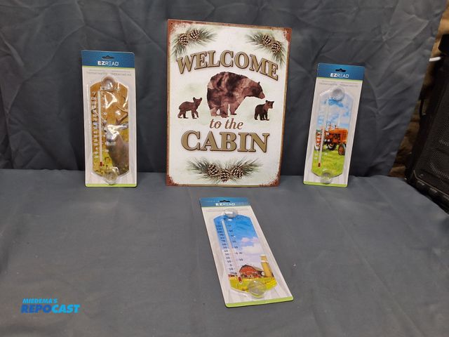 Lot 2-23609 - METAL "WELCOME TO THE CABIN" SIGN AND (3) THERMOMETERS