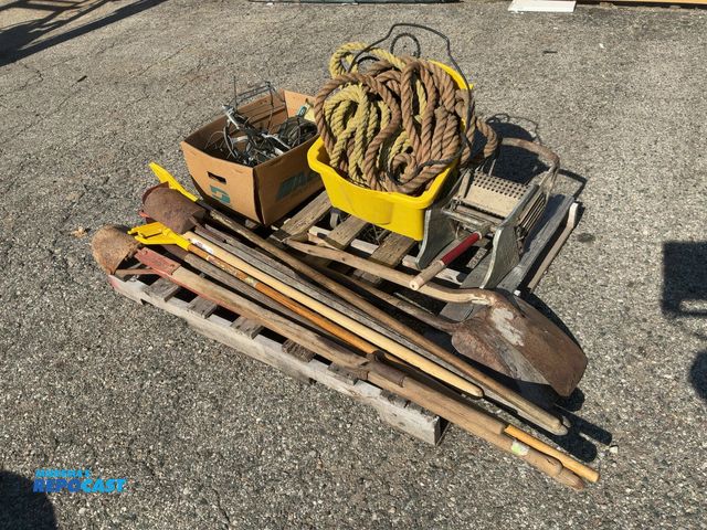 Lot 2-67758 - Mop bucket, (2) mop handles, (2) post hole diggers, (2) shovels, a hoe, a scraper, ext. pole, (3) se...