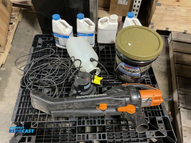 Lot 2-69675 - Skid of assorted lawn care items. Includes a sprayer, a leaf blower/mulched/vac, algaecide, driveway...