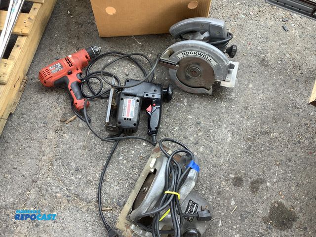 Lot 2-64397 - 2 vintage circular saw, scroll saw, and a rock wall drill. dormeyer 6 1/6". rockwell 6 3/4"