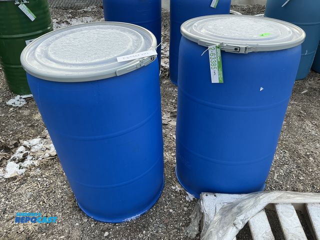 Lot 2-63385 - Lot of (2) 55gal. plastic barrels w/ removeable lid and locking rings - Clean inside