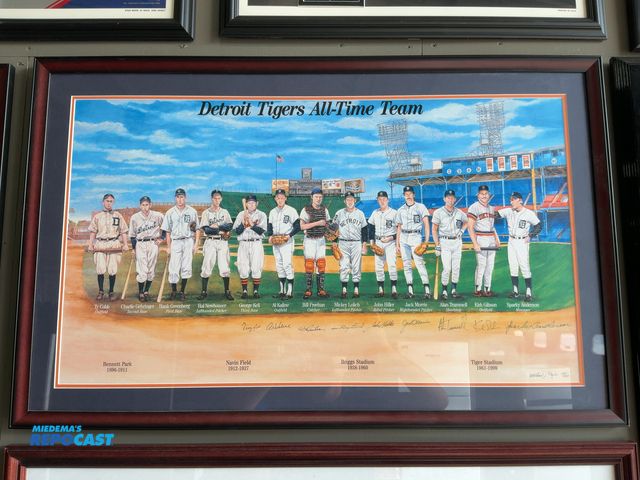 Lot 2-53325 - Framed Detroit Tigers All-Time Team Lithograph with (9) Autographs, 42” x 26.5”, numbered 465/1999