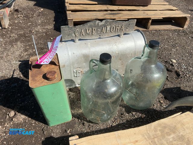 Lot 2-23350 - Lot of (1) Camp Aloha Mailbox, (1) Green Oil Can, and (2) 1 Gallon Glass Wine Jugs