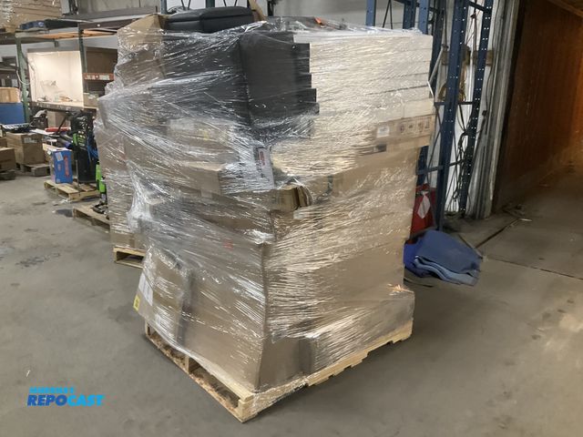 Lot 2-60481 - Skid of Miscellaneous Items Including Medicine Cabinet, Shelving, Shower Head, Ceiling Fan, and More