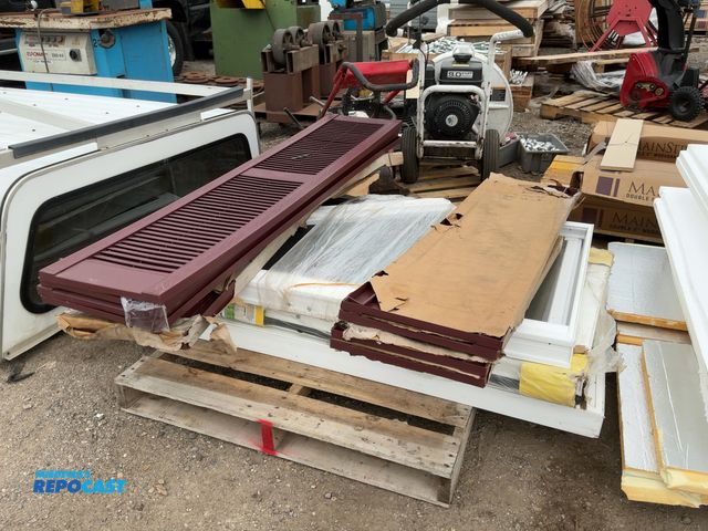 Lot 2-62923 - Lot of various windows and shutters including maroon shutters 14.5”x58”, 34”x62” white vinyl windows...