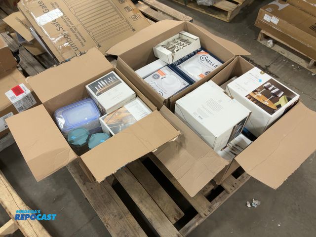 Lot 2-60254 - Skid lot of various dishes and wares, such as plates, glasses, silverware, etc.