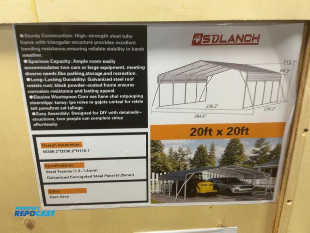 Lot 2-41621 - New SDLANCH 20’x20’ Steel Carport, 236.2” wide x 236.2” deep x 115.7” tall overall, 84.3” Sidewall H...