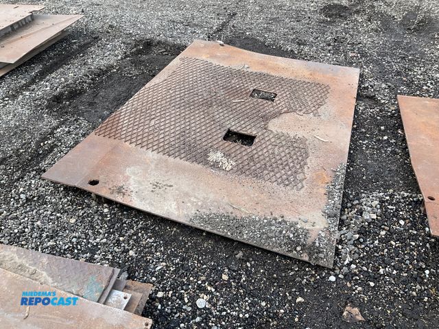 Lot 2-41638 - Homemade steel dock plate approx 3/8” thick x 80”W x 56-1/2”L, plate is bent down in the middle, use...
