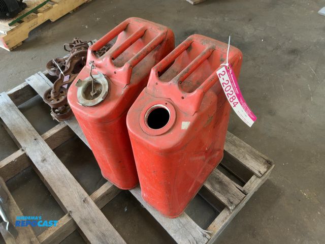 Lot 2-20284 - (2) Used Metal Jerry Gas Cans, one missing cap